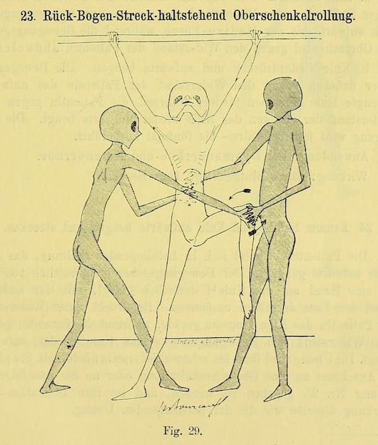 Vintage anatomical drawing of two slender figures performing a stretching exercise.