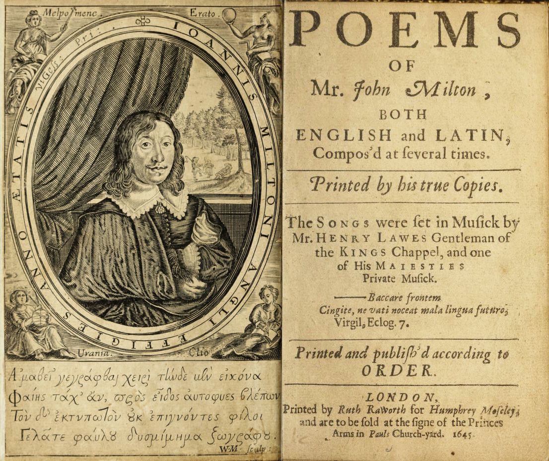 A scan of the title page of a book of poems by John Milton, featuring a portrait of the author and text in a classic font.