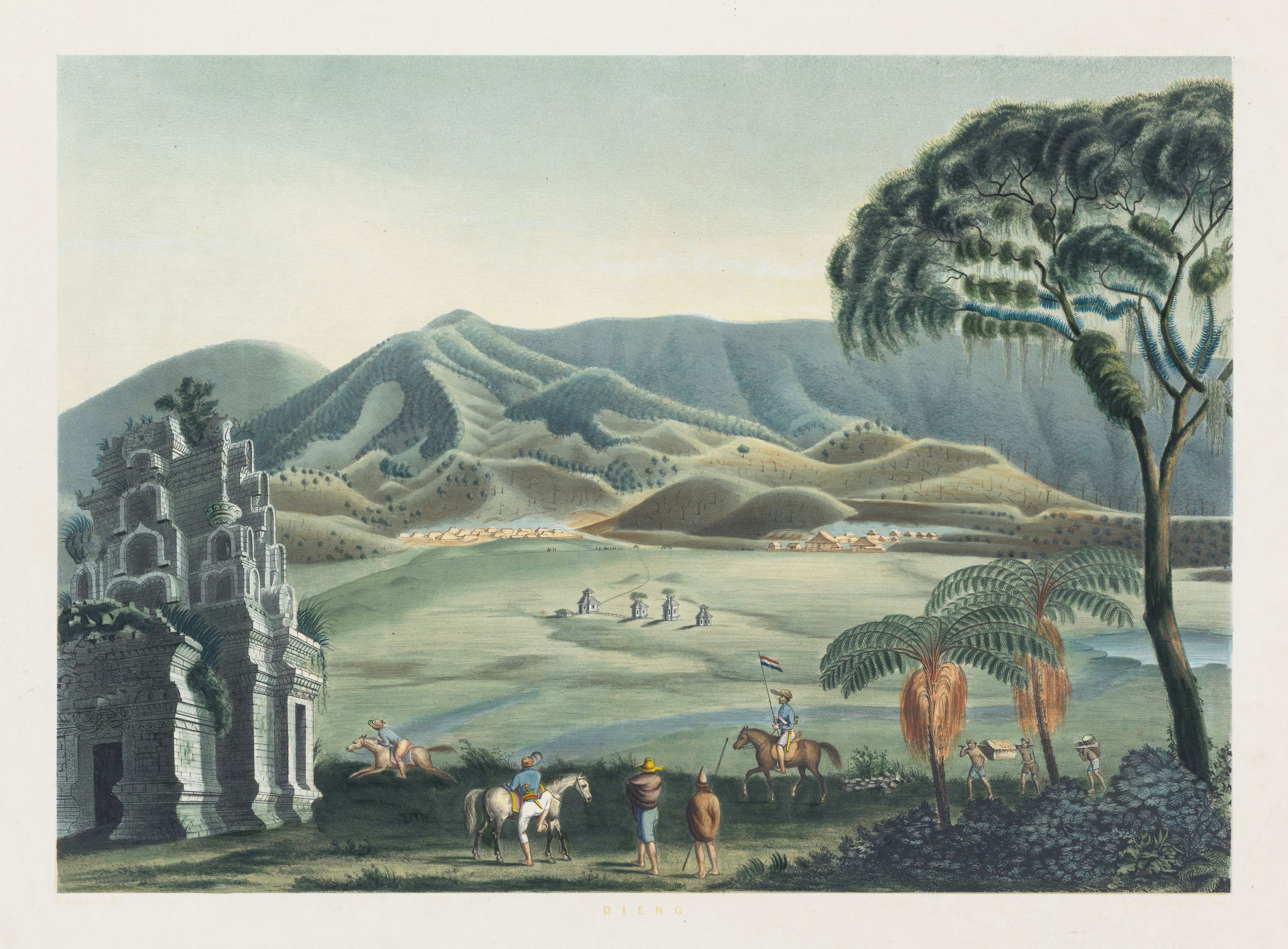 Vintage landscape painting of ancient ruins and explorers in a tropical valley.
