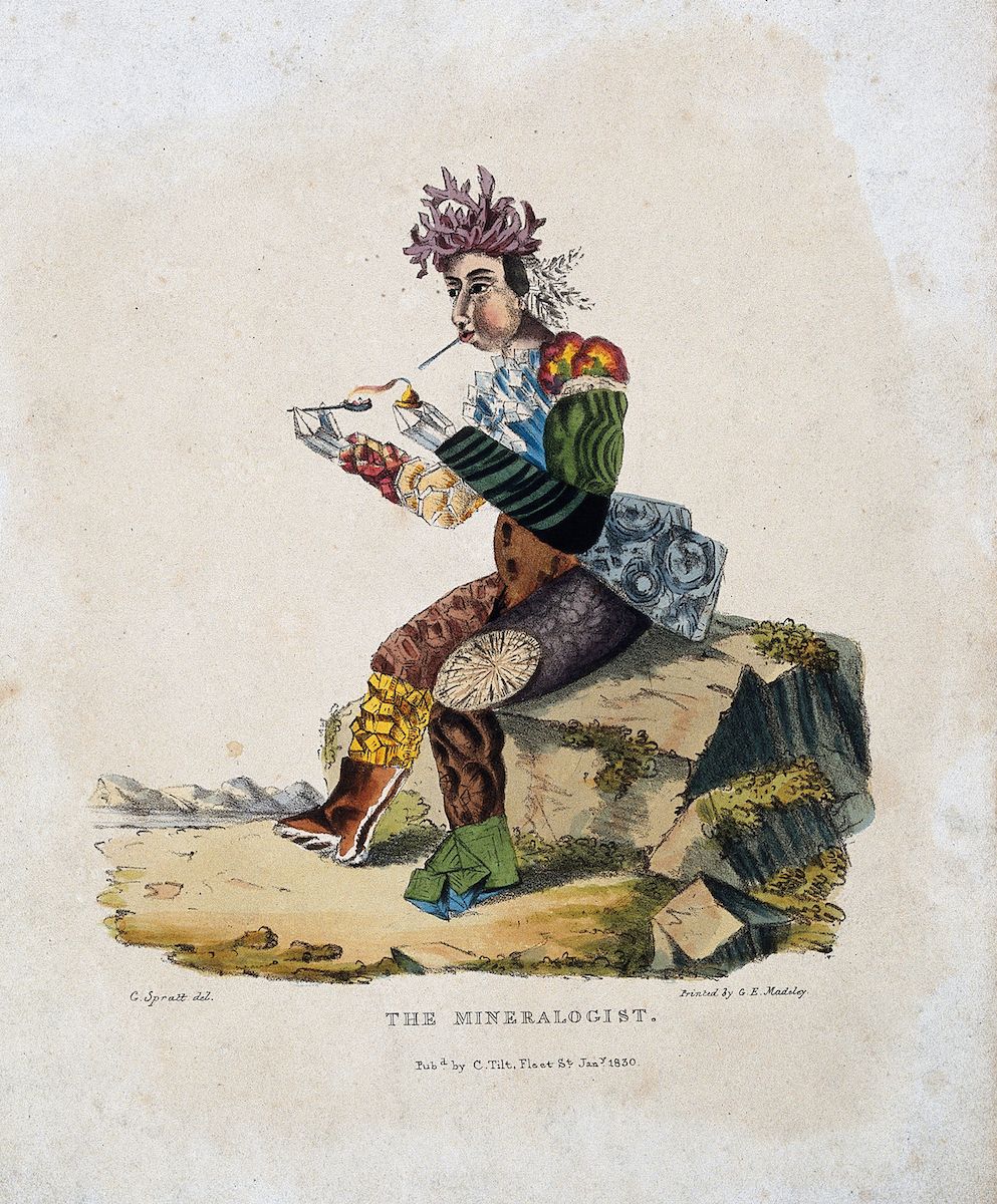 A hand-colored lithograph titled "The Mineralogist," published in January 1830, depicting a man dressed in eccentric clothing seated on a rocky outcrop in a rugged landscape, examining a mineral specimen with a magnifying glass.