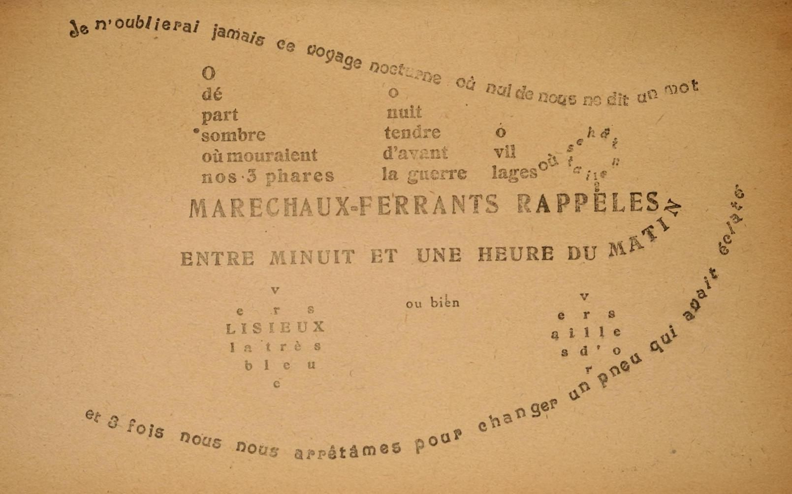 A page of handwritten French text with words scattered across the page in a non-traditional layout.