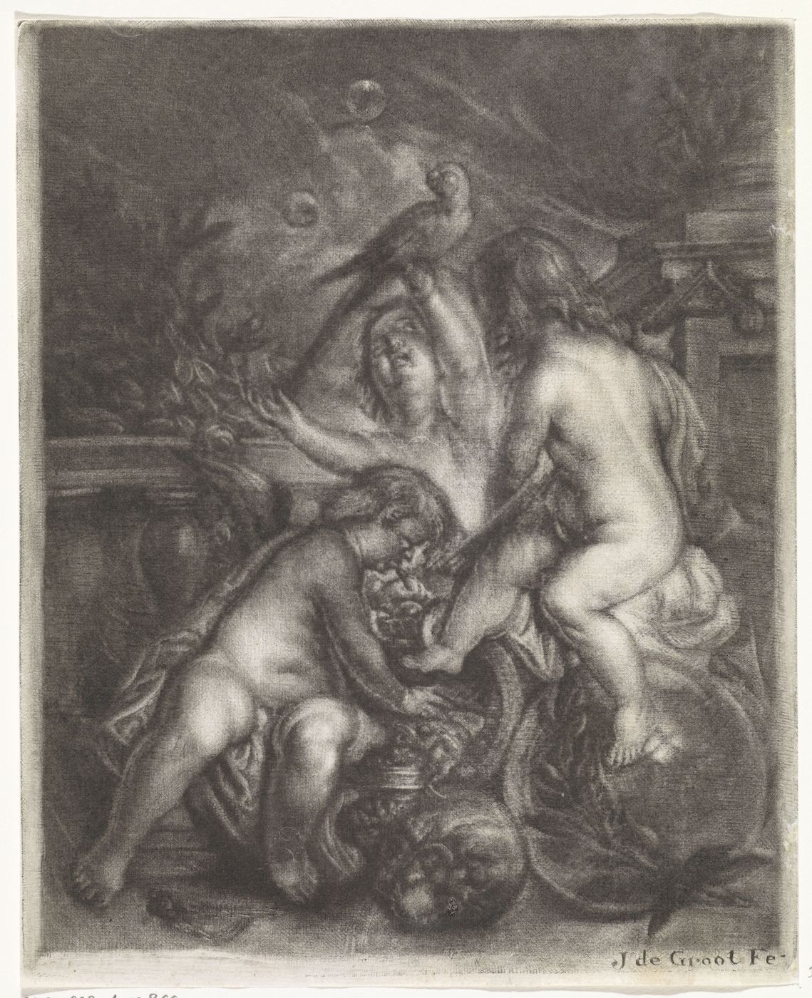 Black and white engraving of three child-like figures in a chaotic struggle, with dynamic poses and strong contrasts between light and shadow. The artist's signature reads "J de Groot Fe."