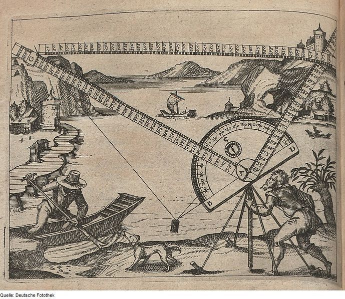 A detailed black and white engraving depicting a complex mechanical apparatus set within a landscape.