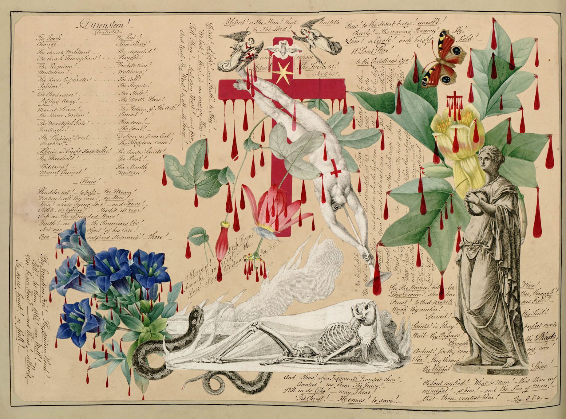 A detailed illustration featuring a tree with a skeleton draped across its branches, surrounded by symbolic figures and handwritten text.