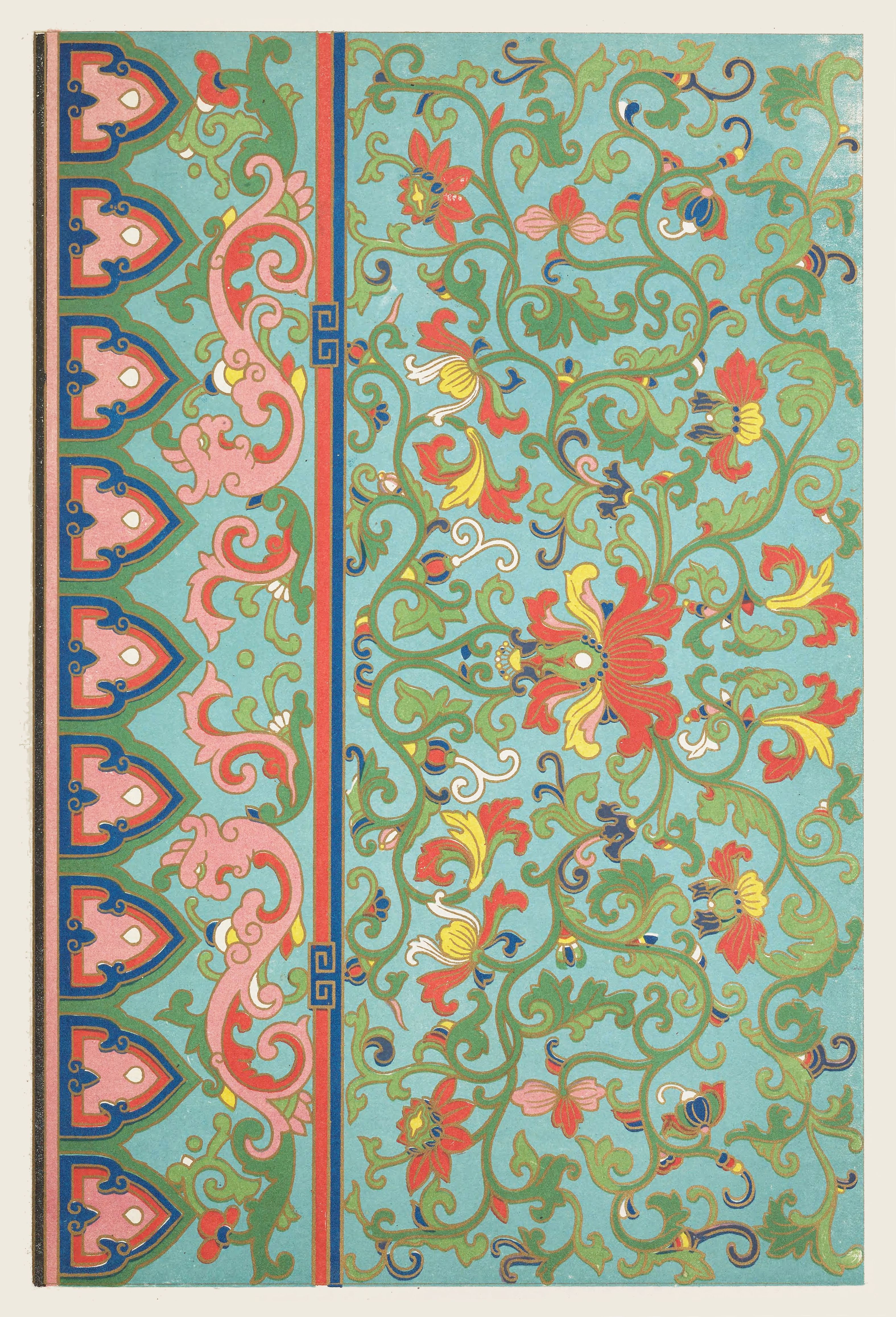 A detailed, ornate pattern reminiscent of a book cover or a decorative artwork. The background is a soft, turquoise blue. Overlaid on this is a complex, swirling design featuring stylized floral motifs, leaves, and what appear to be birds or butterflies. The colors are rich and vibrant, including shades of red, pink, yellow, and green. Along the left edge, there's a vertical band of repeating, stylized shapes in shades of red, pink, and gold. These shapes resemble abstract leaves or petals. A thin, vertical red stripe runs down the center of the pattern, flanked by a narrow gold band. The overall style is reminiscent of traditional Chinese or Asian decorative art, with a focus on intricate detail and flowing lines.