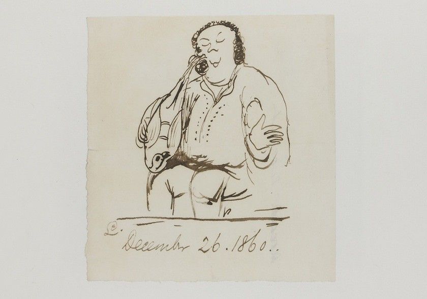 A sepia-toned drawing on a cream-colored background depicting a person holding a bird, with the date "December 26. 1860." handwritten below.