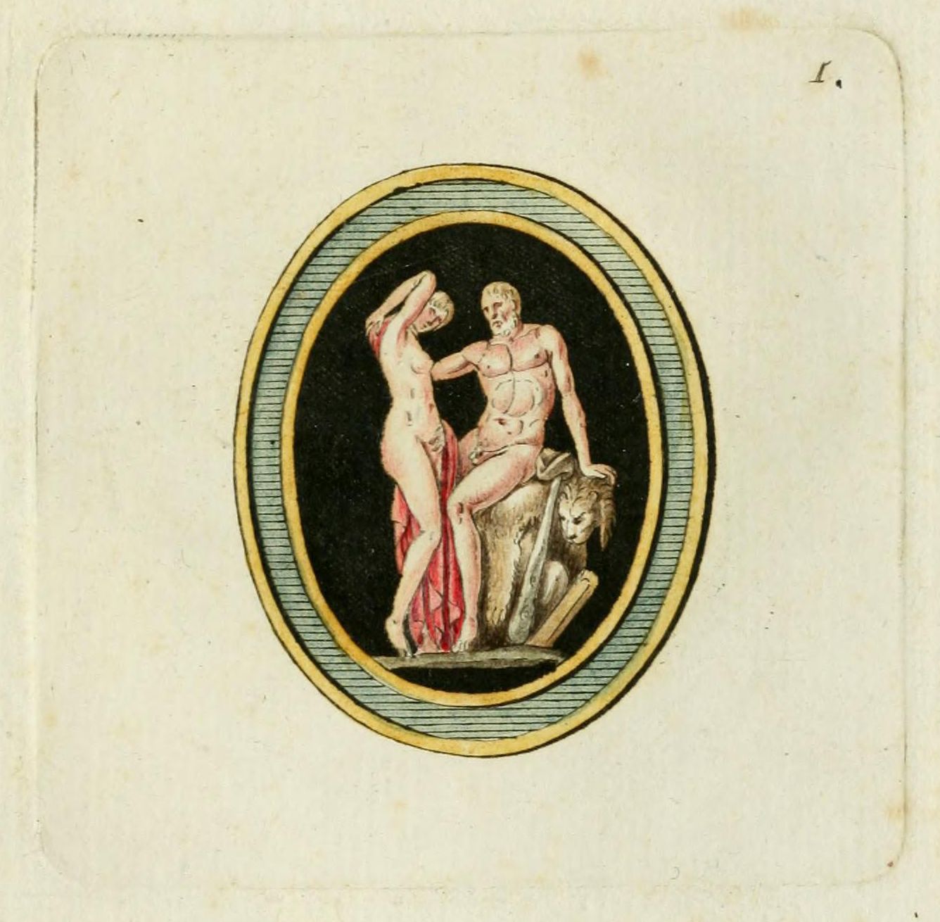 An oval-shaped artwork depicting a nude man and woman embracing, with a lion at their feet.
