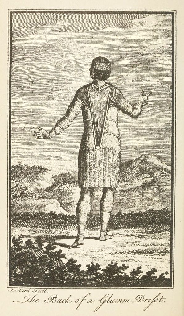 Vintage engraving of the back of a person in a landscape.