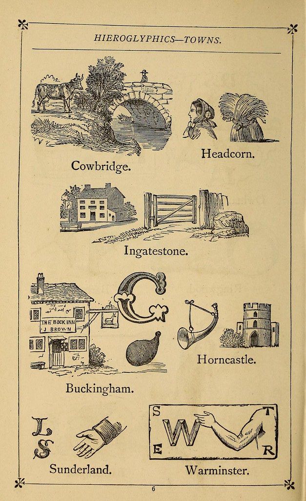 A vintage illustration from a book titled 'Hieroglyphs - Towns'. It features a series of black and white drawings, each representing a town with a corresponding visual pun or symbol.