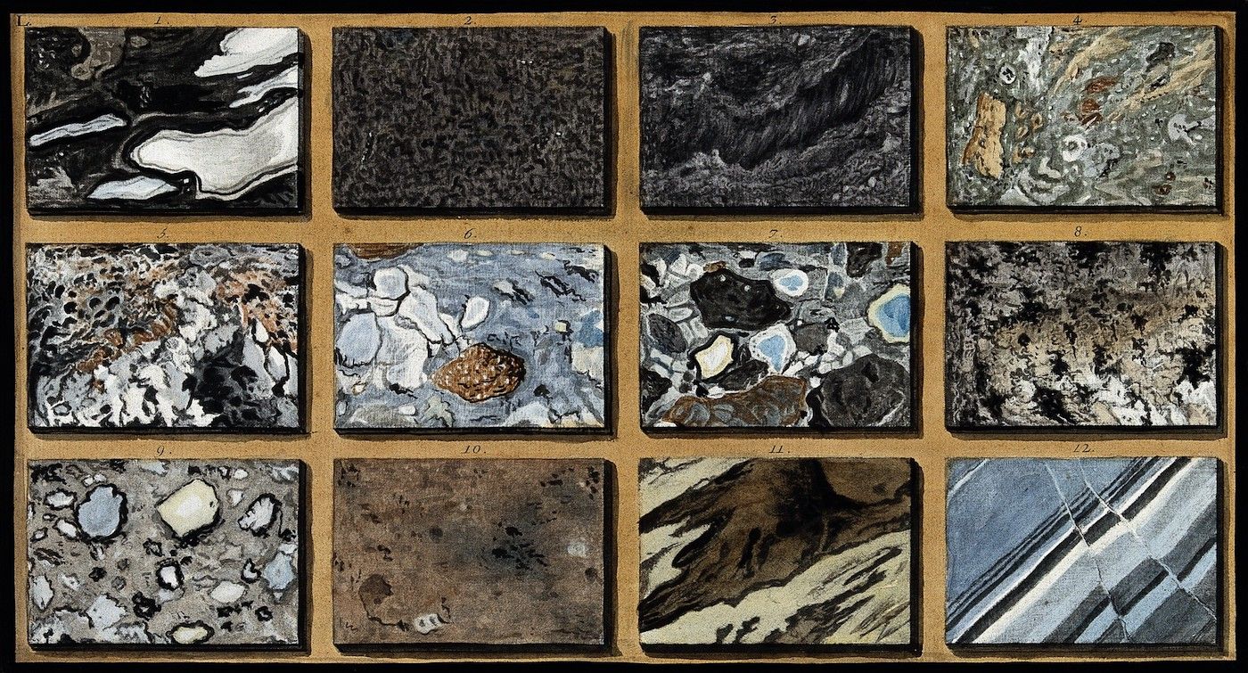 A grid of twelve squares, each containing a different illustration of stone or mineral patterns.