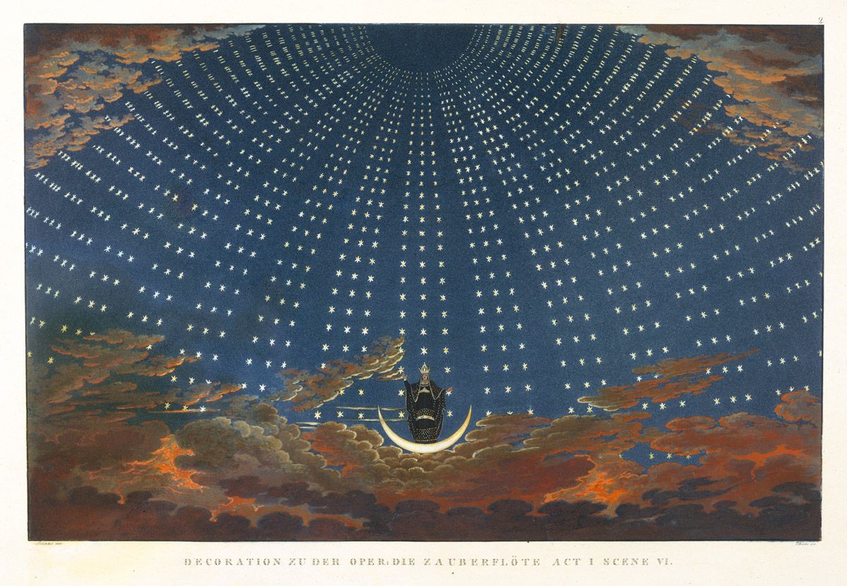 A stage decoration for the opera 'Die Zauberflöte' (The Magic Flute), Act I, Scene VI. It depicts a night sky filled with countless stars, with a crescent moon and a silhouetted figure playing a flute.