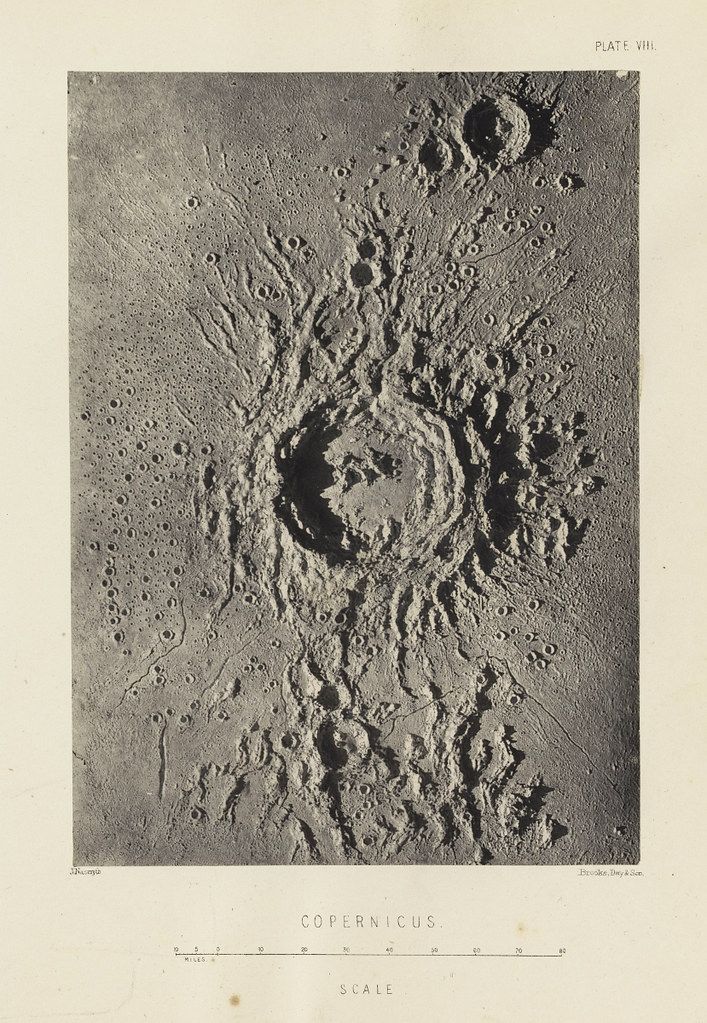 A vintage black and white illustration of the lunar crater Copernicus, showing a large circular depression with a central peak, terraced walls, and radiating rays. A scale at the bottom indicates distances in kilometers.