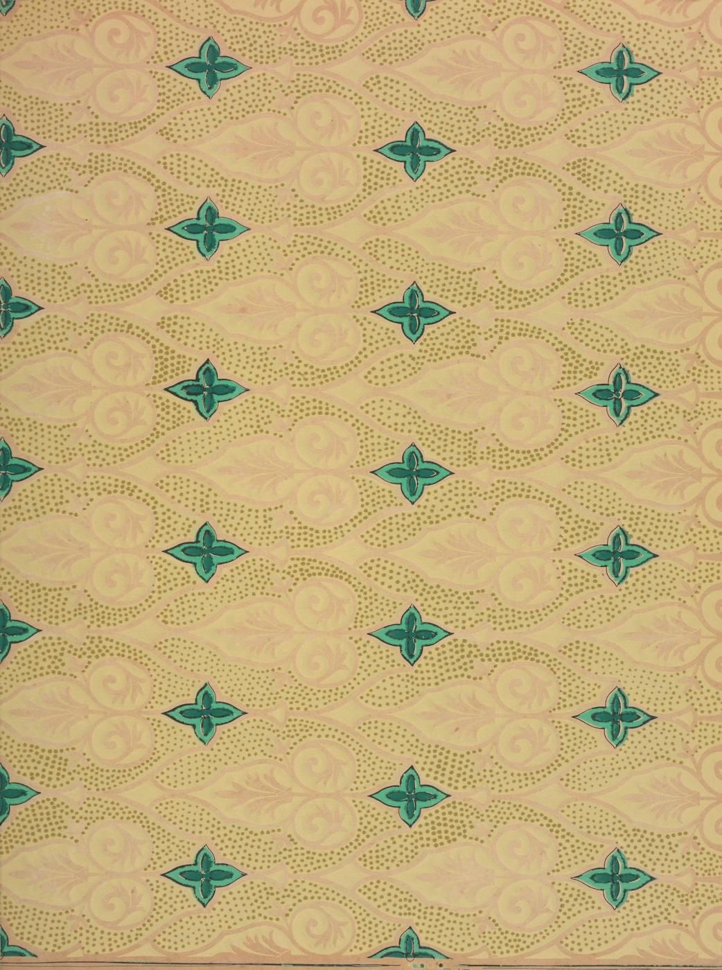 Close-up of a patterned fabric with teal four-petal flowers on a warm yellow background, overlaid with a subtle swirling vine pattern.