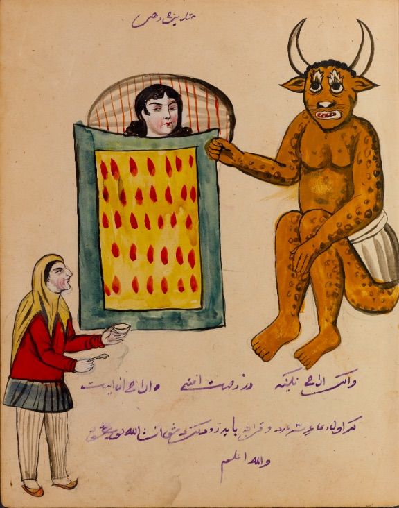 Vintage illustration of a person in bed, a demon, and an attendant, with Arabic script.