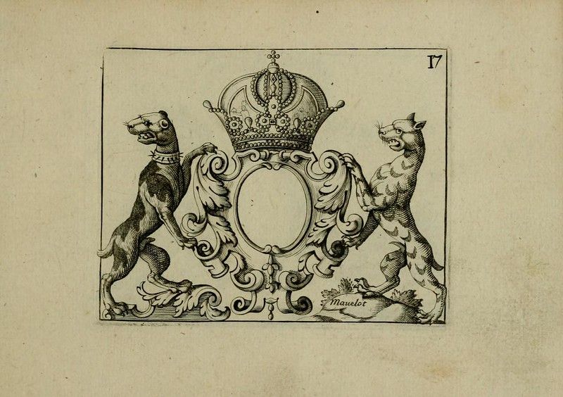 Antique ornamental design featuring a crown, dogs, and a scroll with the name 'Maveler'.