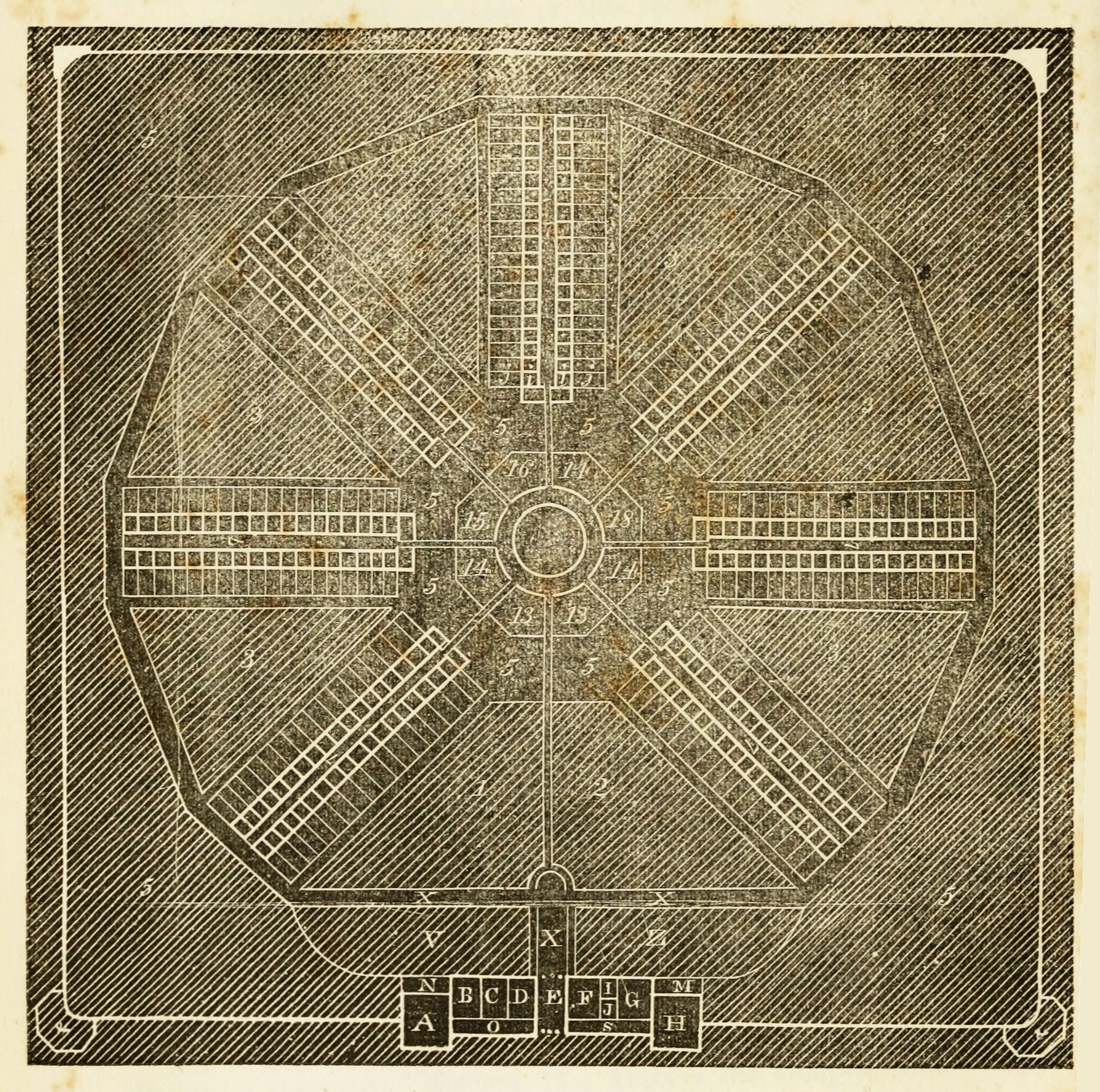 Vintage architectural plan of a radial building, possibly a prison, with a central hub and multiple wings of cells.