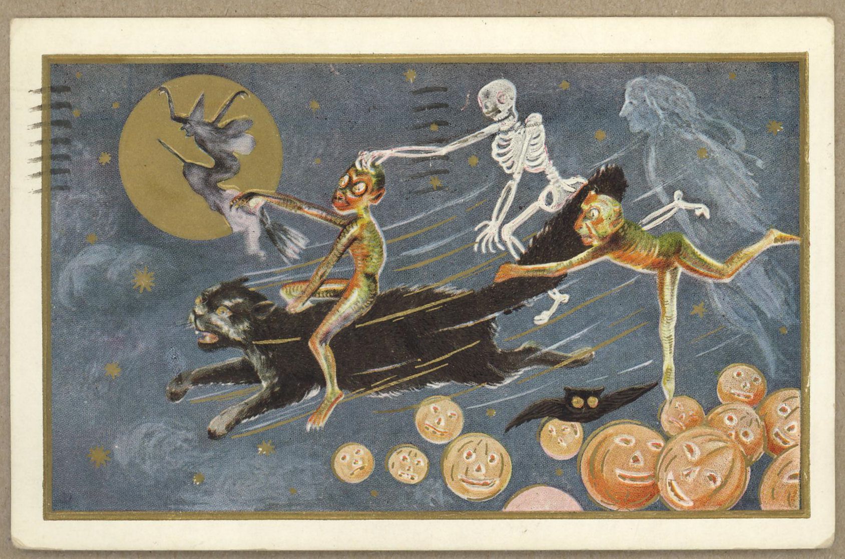 Vintage Halloween postcard with a black cat carrying a witch and a skeleton, flying under a moonlit sky with jack-o'-lanterns scattered below.