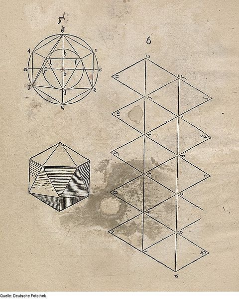 A vintage sepia-toned drawing of geometric shapes, including a dodecahedron, a cube, and a series of stacked triangles, with labels and numbers.