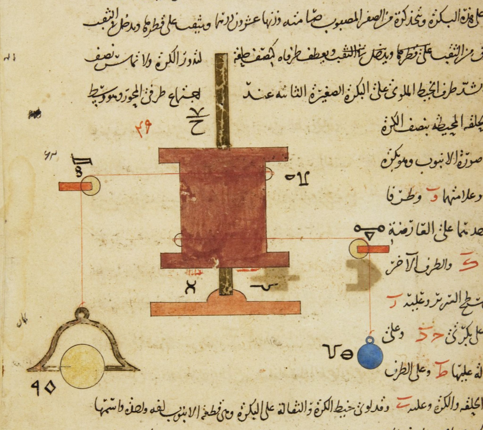 A page from an old manuscript with a detailed illustration of a mechanical device resembling a lever system, surrounded by Arabic text.