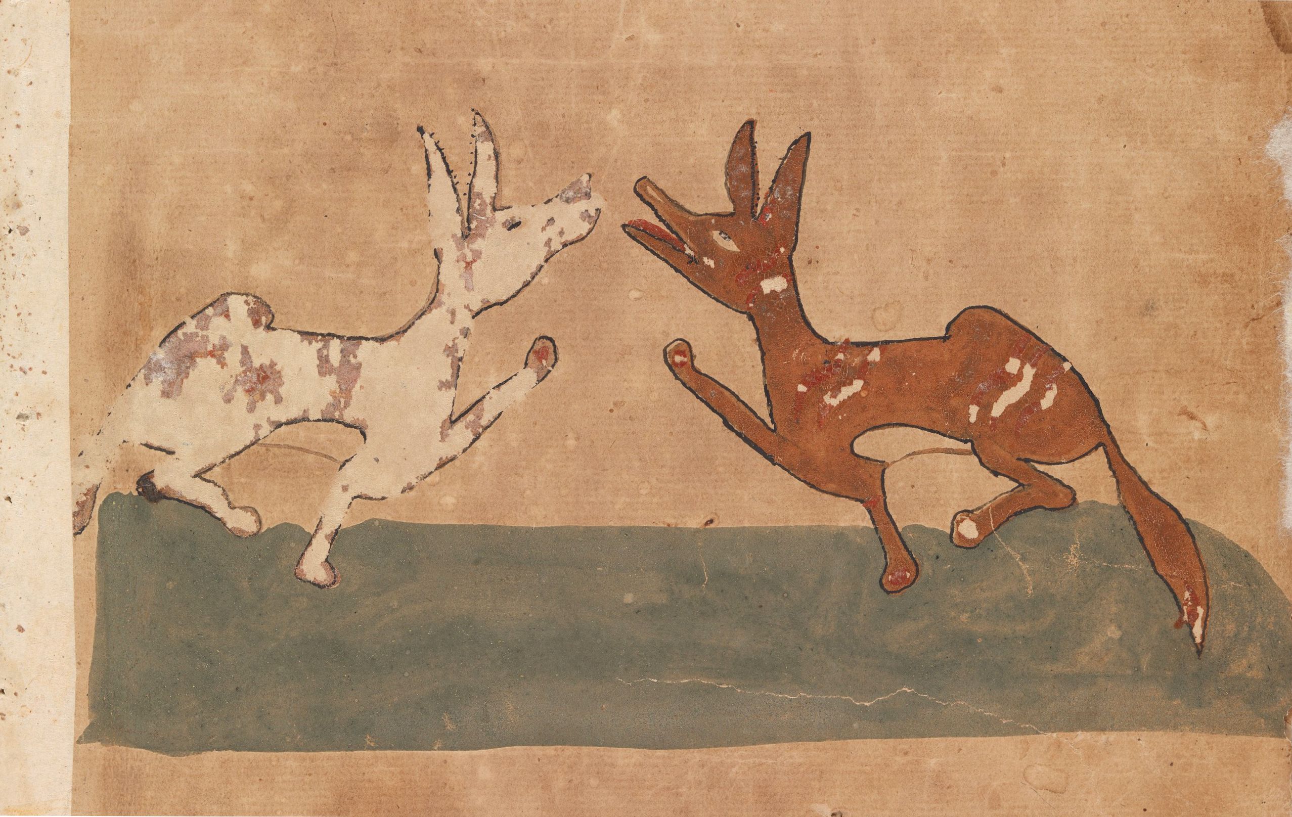 Folk art illustration of a fox and a hare facing each other on a green ground.