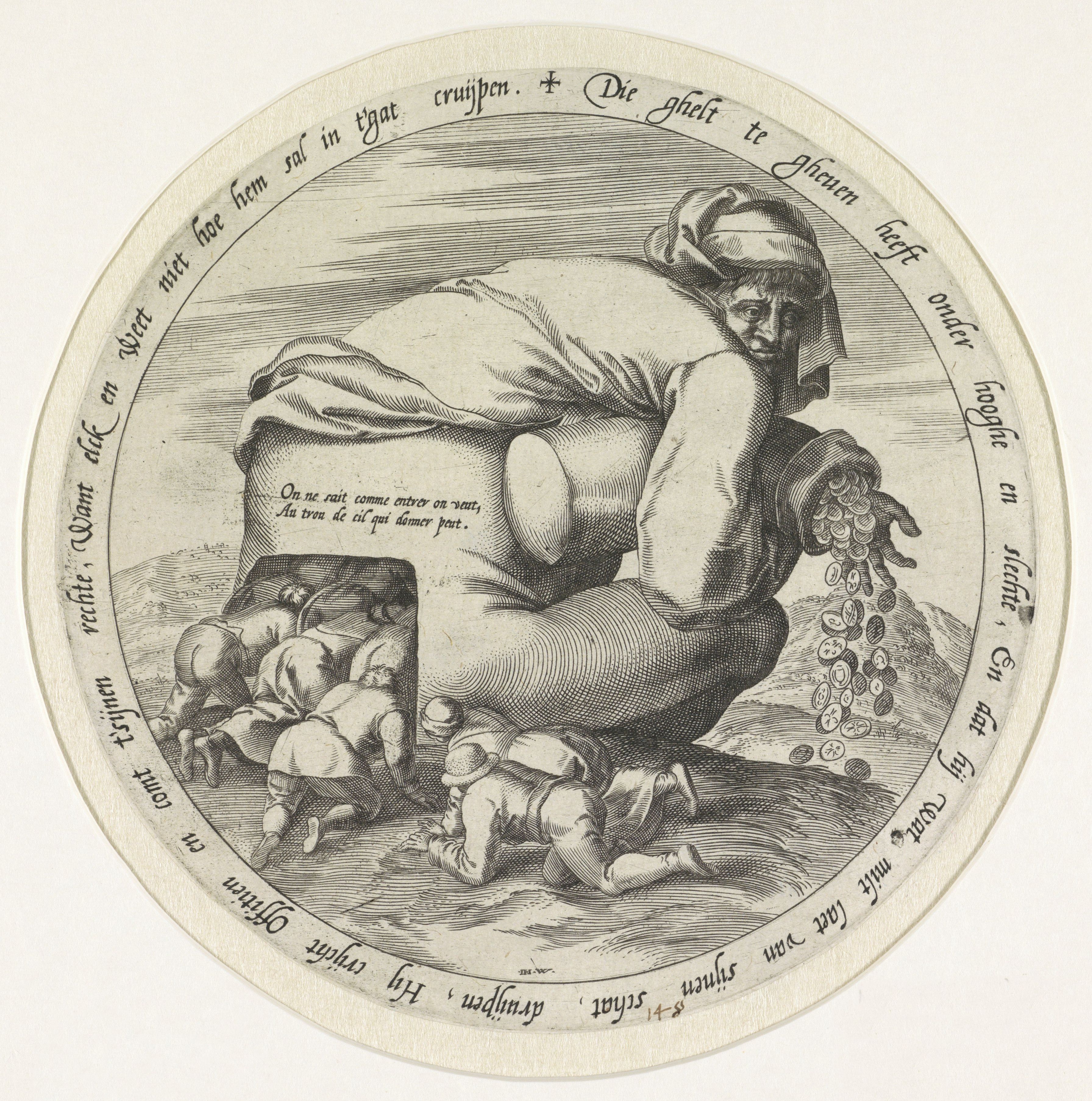 A black and white engraving depicting a man hunched over a box filled with coins, surrounded by flames. The scene is circular with text surrounding the central image.