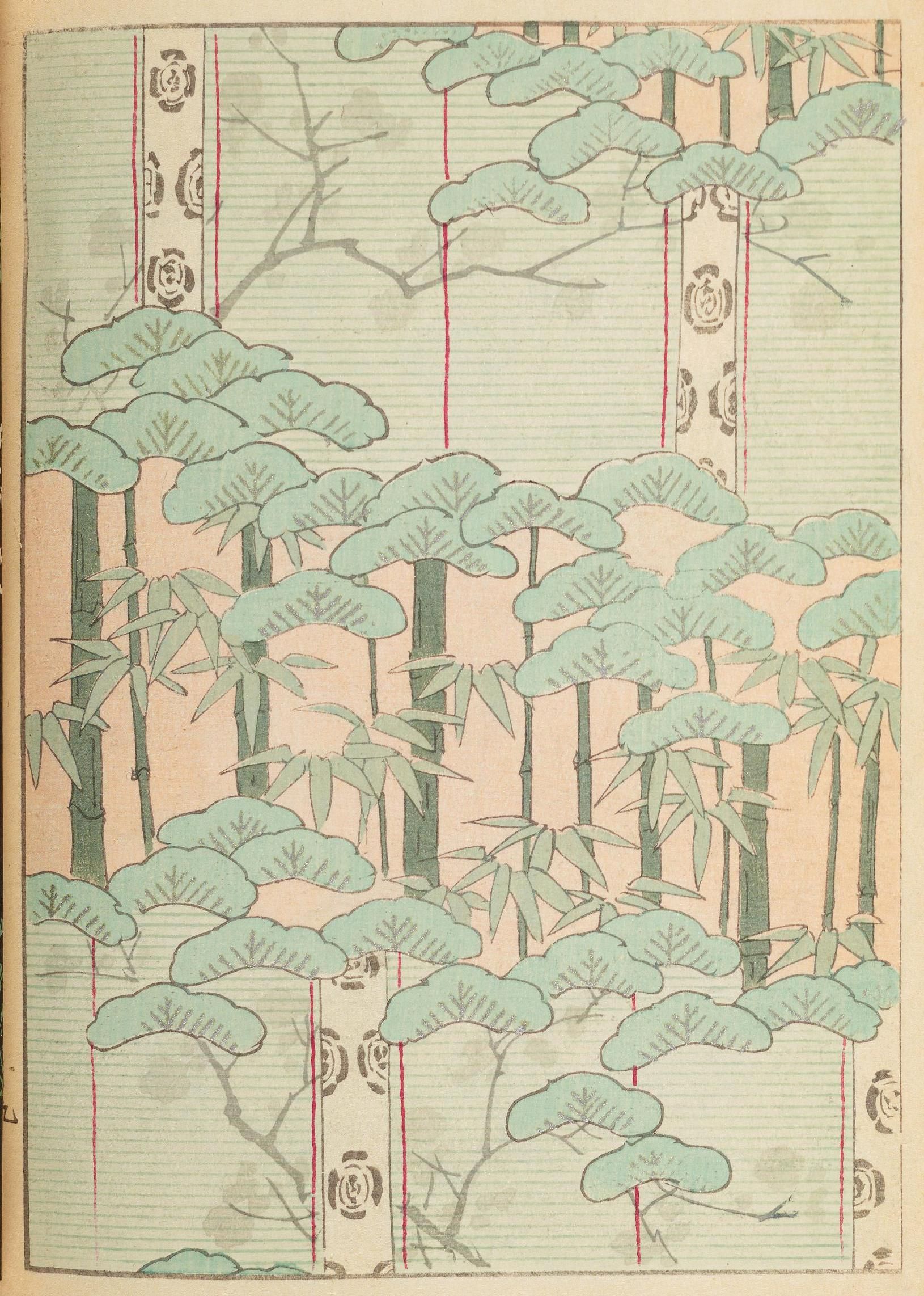 A vintage illustration of a bamboo forest with a repeating floral pattern and stylized leaves.