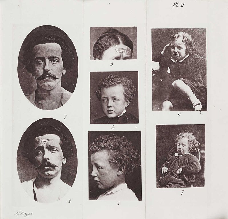 A black and white photograph featuring a grid of seven portraits, ranging from men with mustaches to children.
