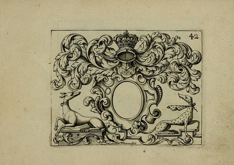 A detailed black and white engraving of an ornate heraldic design with a shield, deer, and crown.