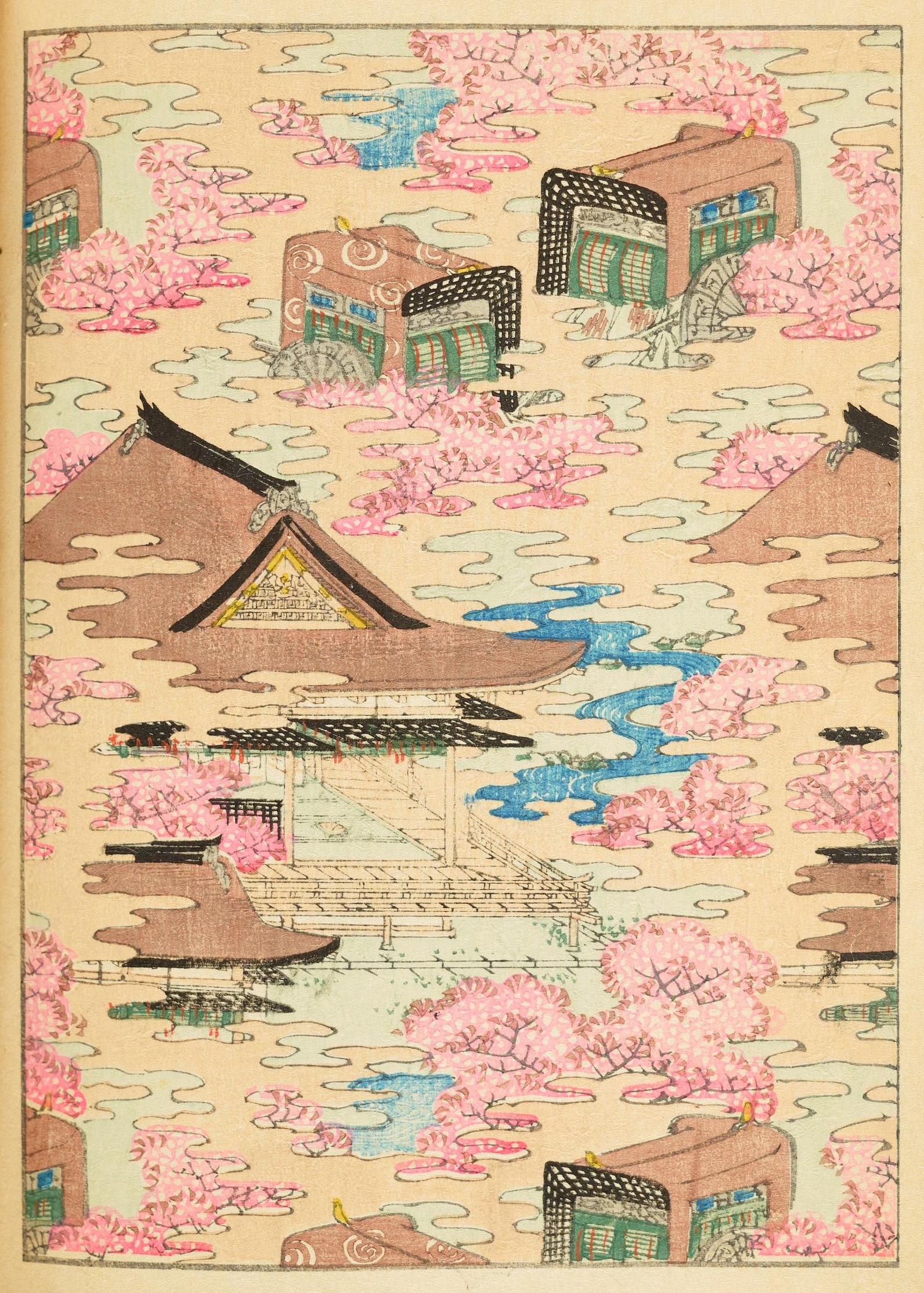 Vintage Japanese woodblock print of traditional buildings amidst cherry blossoms and a winding stream.