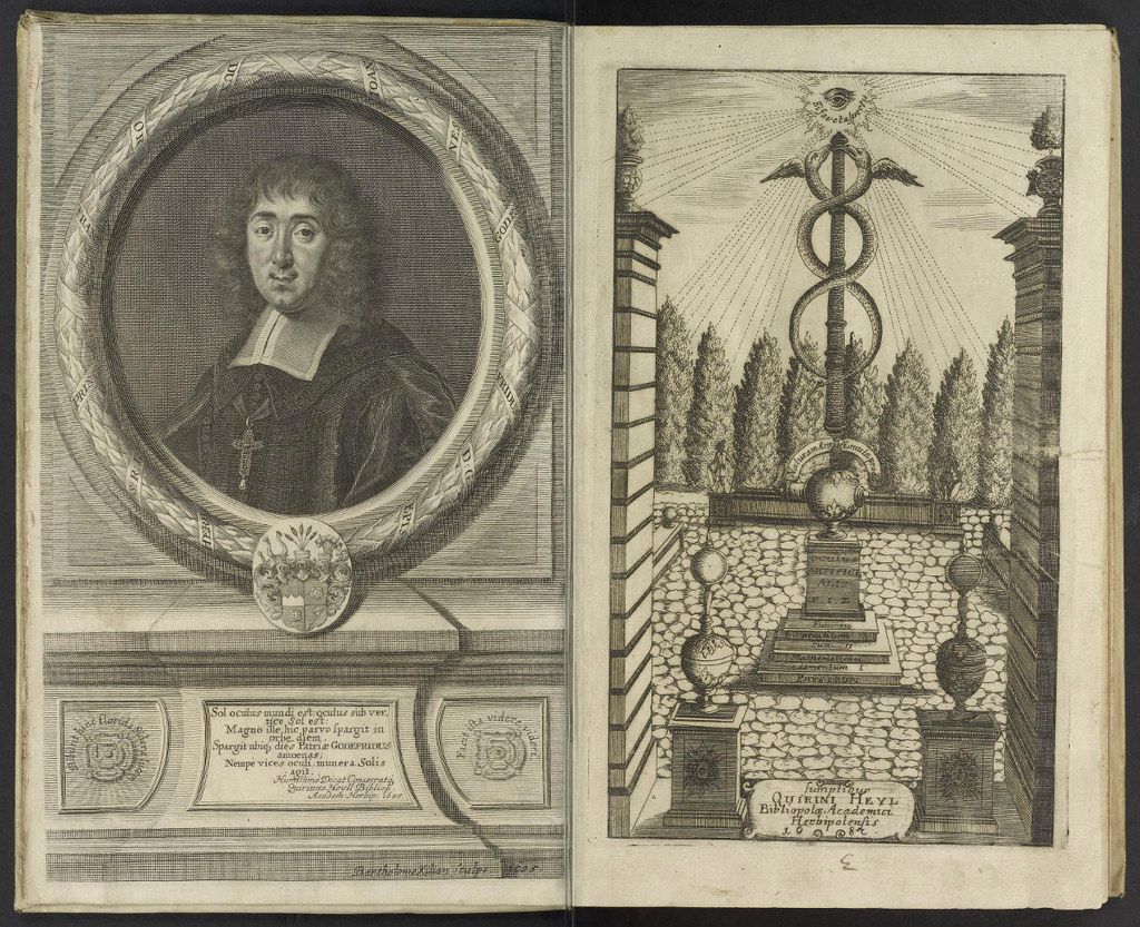 A black and white engraving depicting a portrait of a man on the left and a formal garden with a serpent statue on the right.