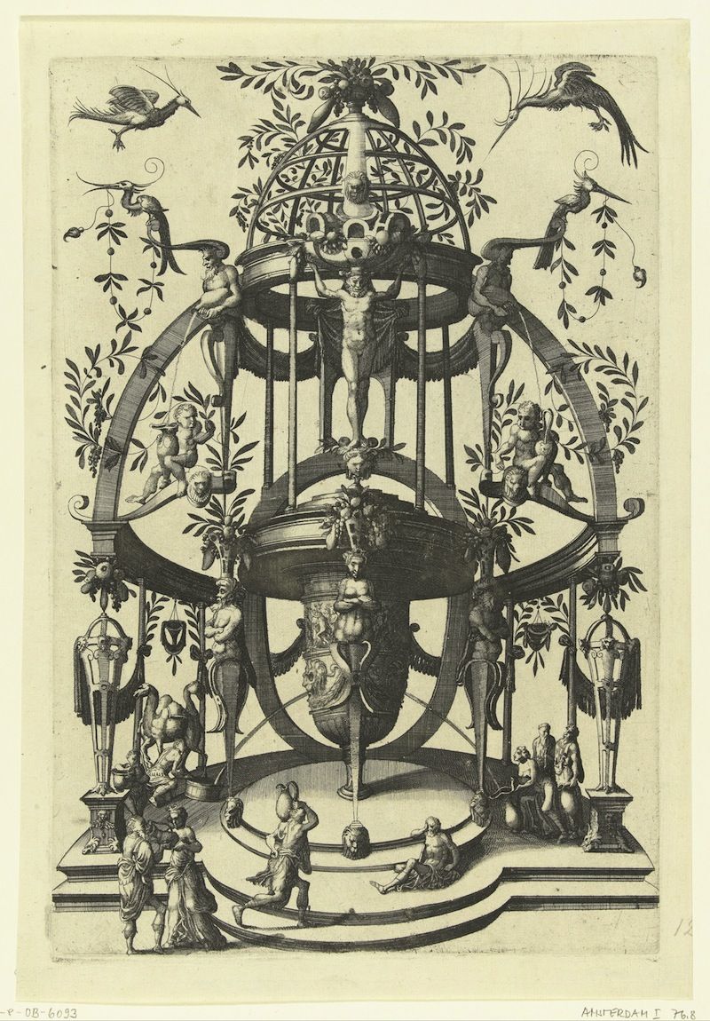 A detailed black and white engraving of an ornate structure with a globe at its center, featuring religious figures, classical statues, and intricate decorative elements.