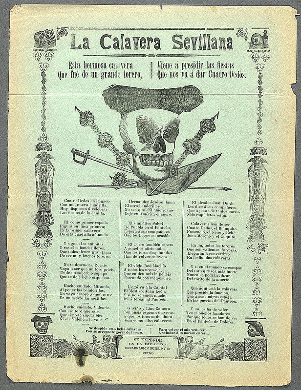 A vintage print titled "La Calavera Sevillana" featuring an ornate skull adorned with a hat, ruff, and cape, surrounded by intricate floral patterns and Spanish text.