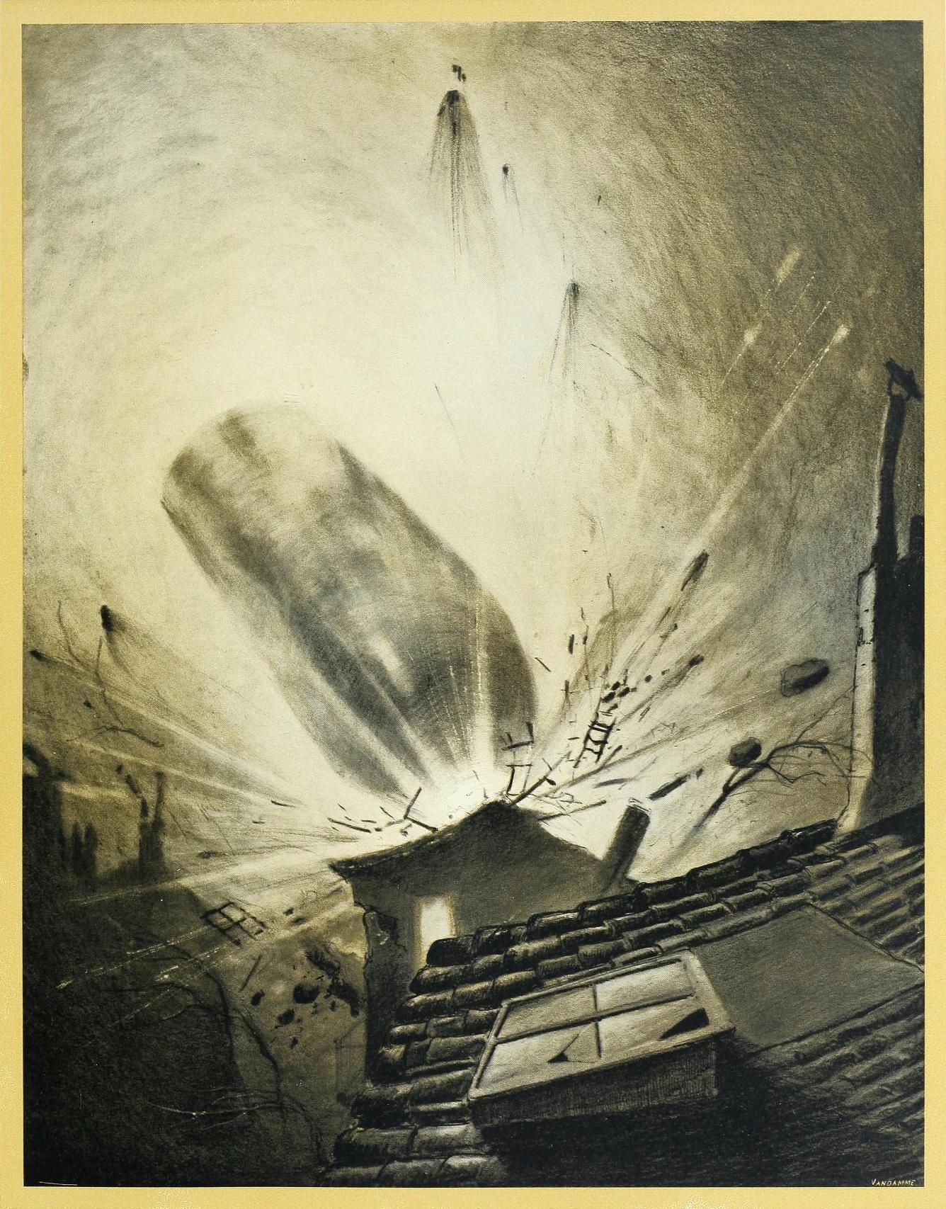 A black and white illustration of a building being destroyed in an explosion, with debris flying in all directions and a dark shape looming above.