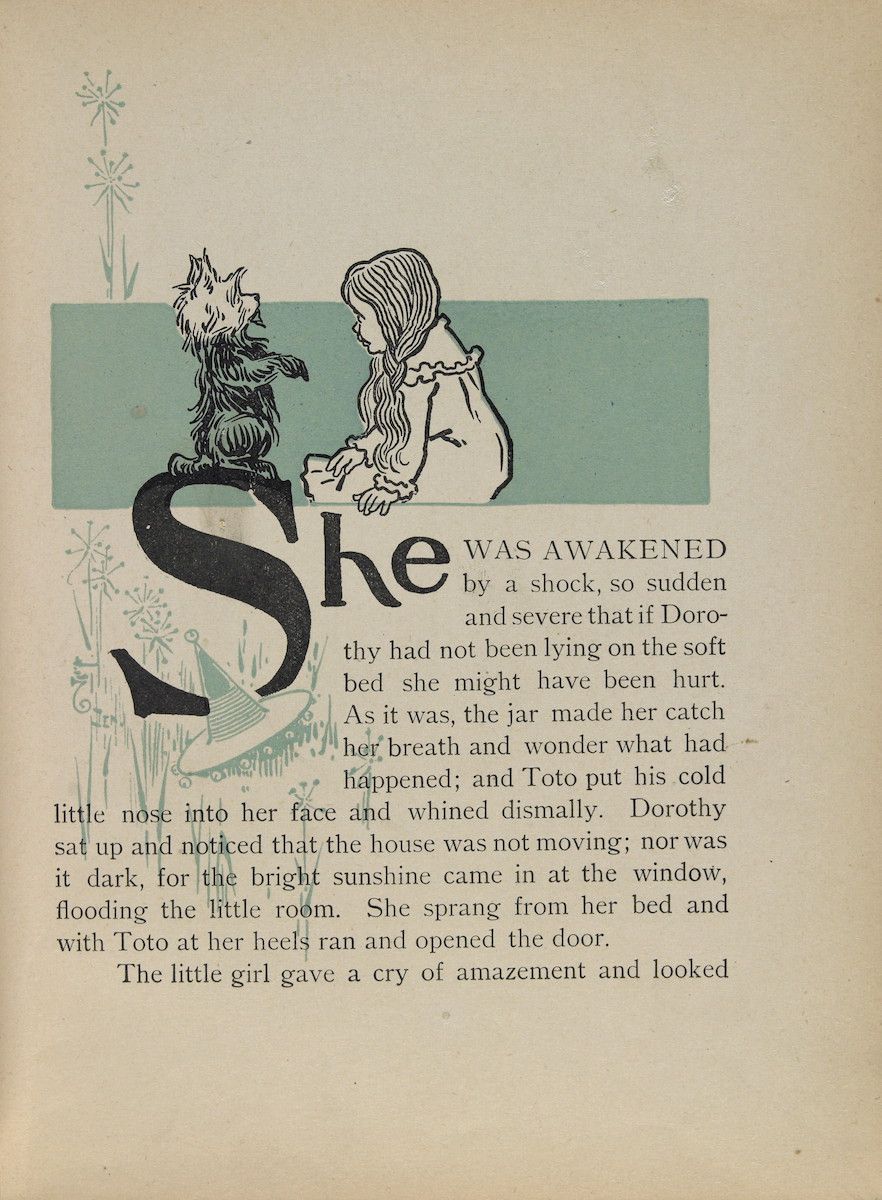 A vintage book page with an illustration of a girl and a dog waking up in a room, with a large ornate letter 'S' on the left side.