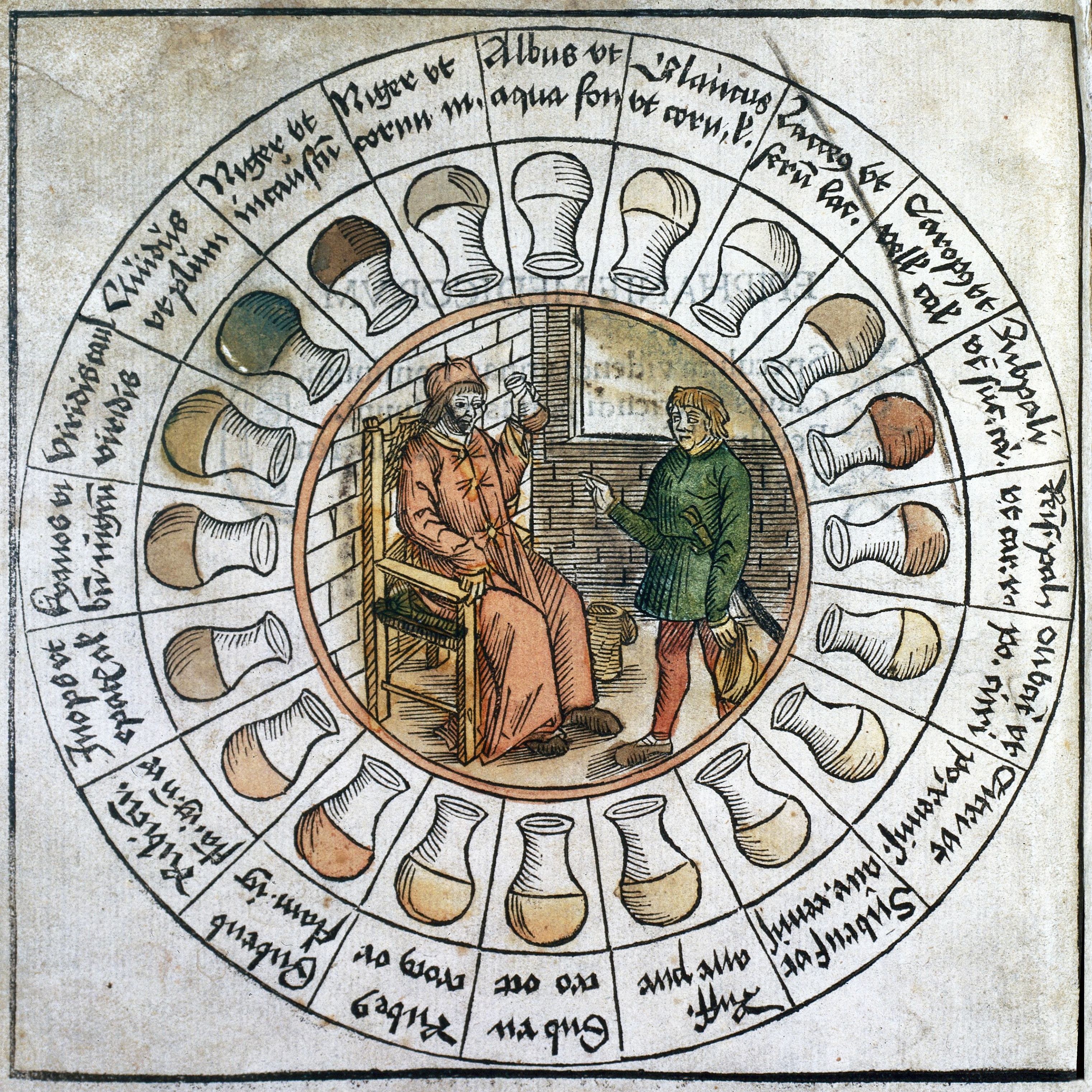 A circular woodcut print depicting two men working at a table surrounded by labeled vessels.