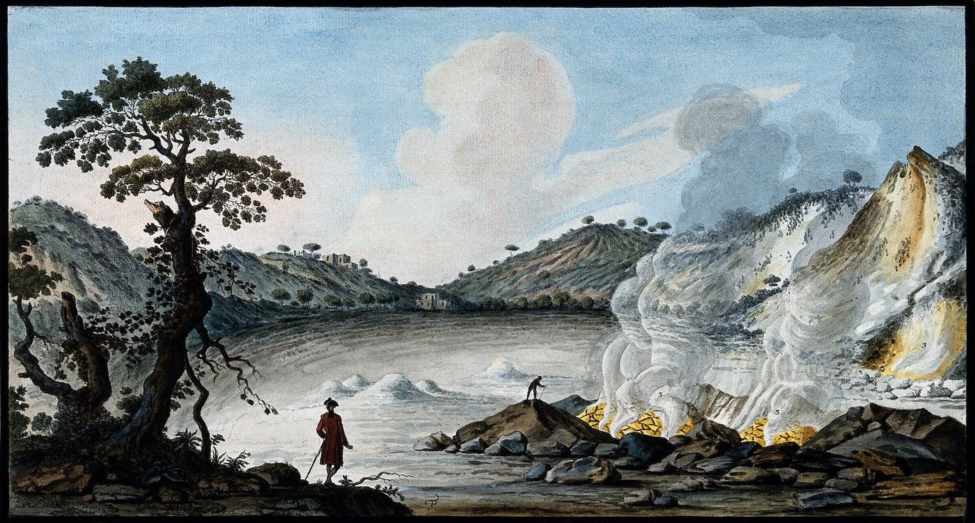 Watercolor painting of a volcanic landscape with a tree in the foreground and a volcano erupting in the distance.