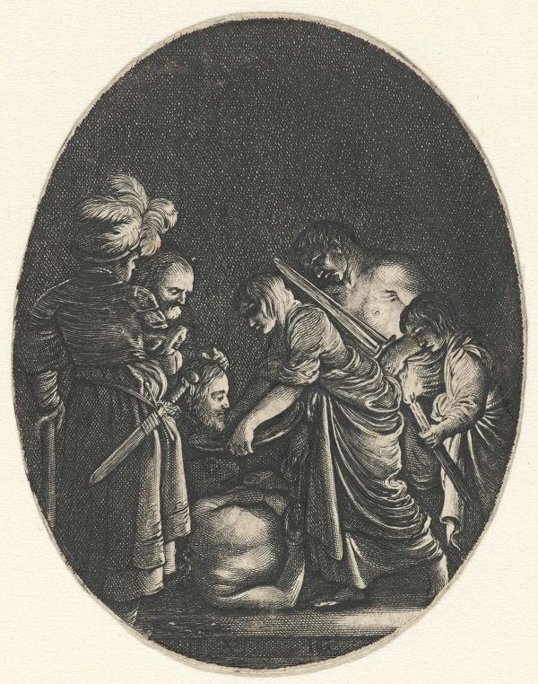 black and white engraving of a beheading scene