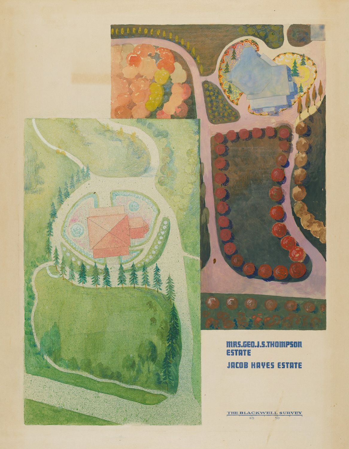 A vintage, hand-colored map of an estate, showing the house, gardens, and surrounding grounds.