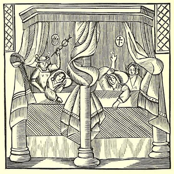 A black and white woodcut illustration depicting a scene within a four-poster bed. A grotesque, horned demon is looming over the bed, holding a key. Two figures lie in the bed, appearing to be asleep or incapacitated.