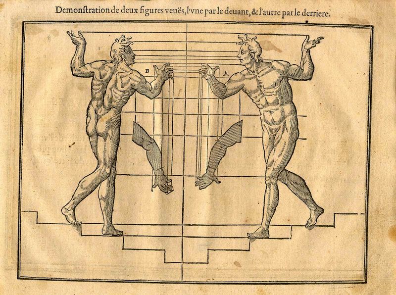 Vintage black and white engraving of two muscular figures facing each other, with one side showing the front view and the other the back, standing on stylized stairs.