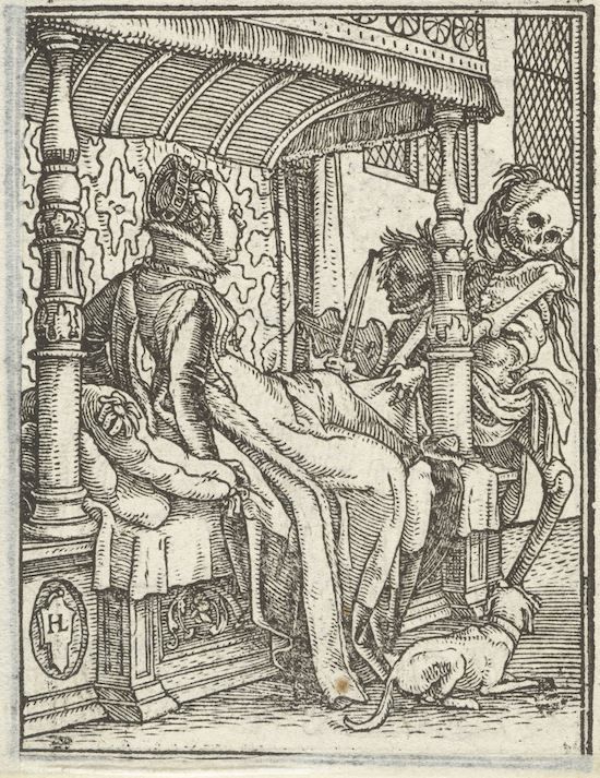 A black and white woodcut image of a person in bed being approached by a skeletal figure representing Death, with another skeleton and a dog nearby.