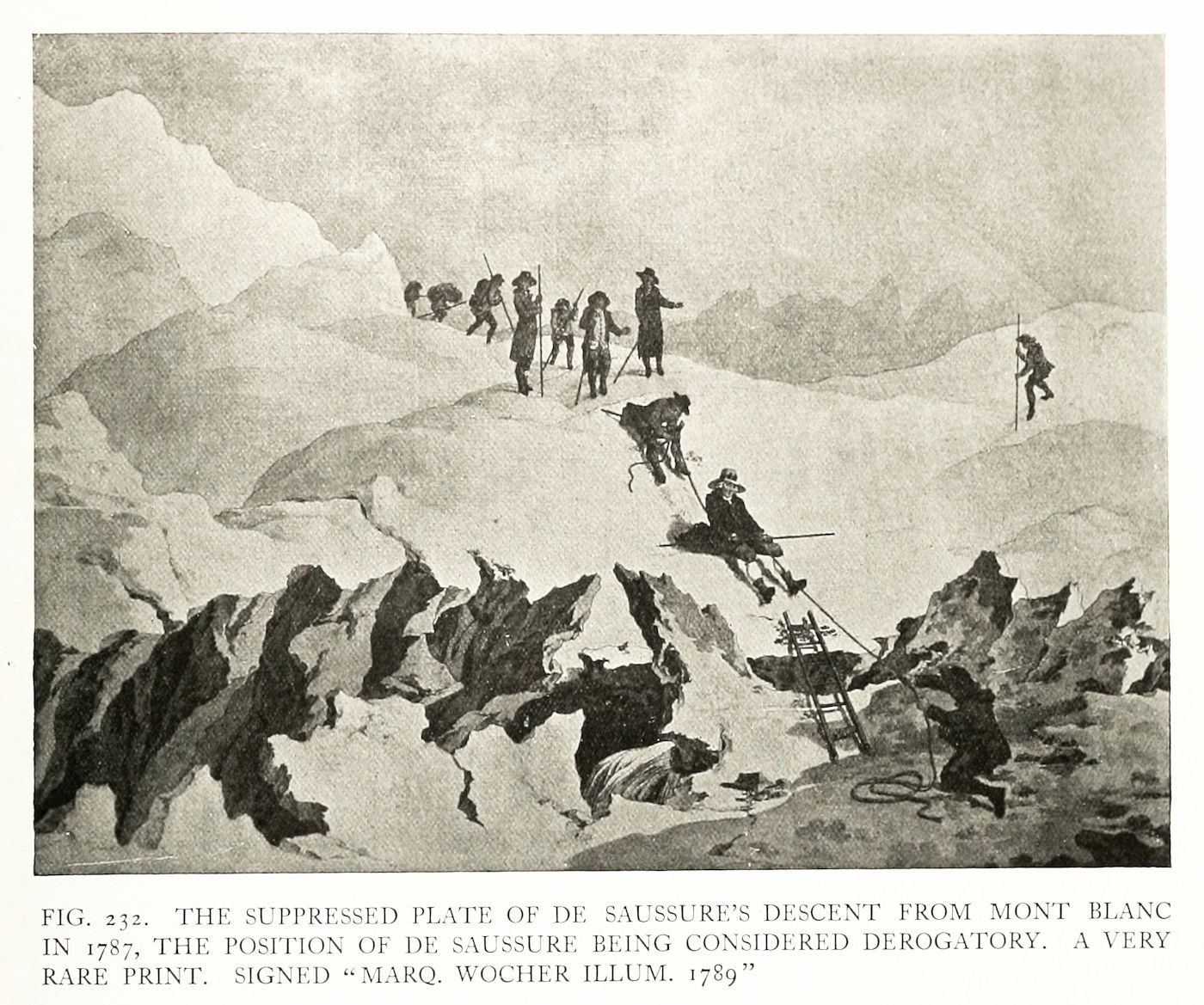 A black and white illustration of De Saussure's descent from Mont Blanc in 1787, showing a group of people descending a steep, rocky mountainside covered in snow.