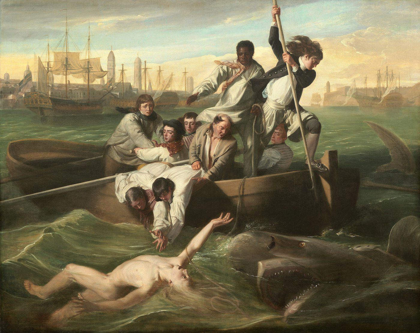 A painting of a boat filled with men in distress, surrounded by turbulent water and a circling shark, with a distant cityscape in the background.