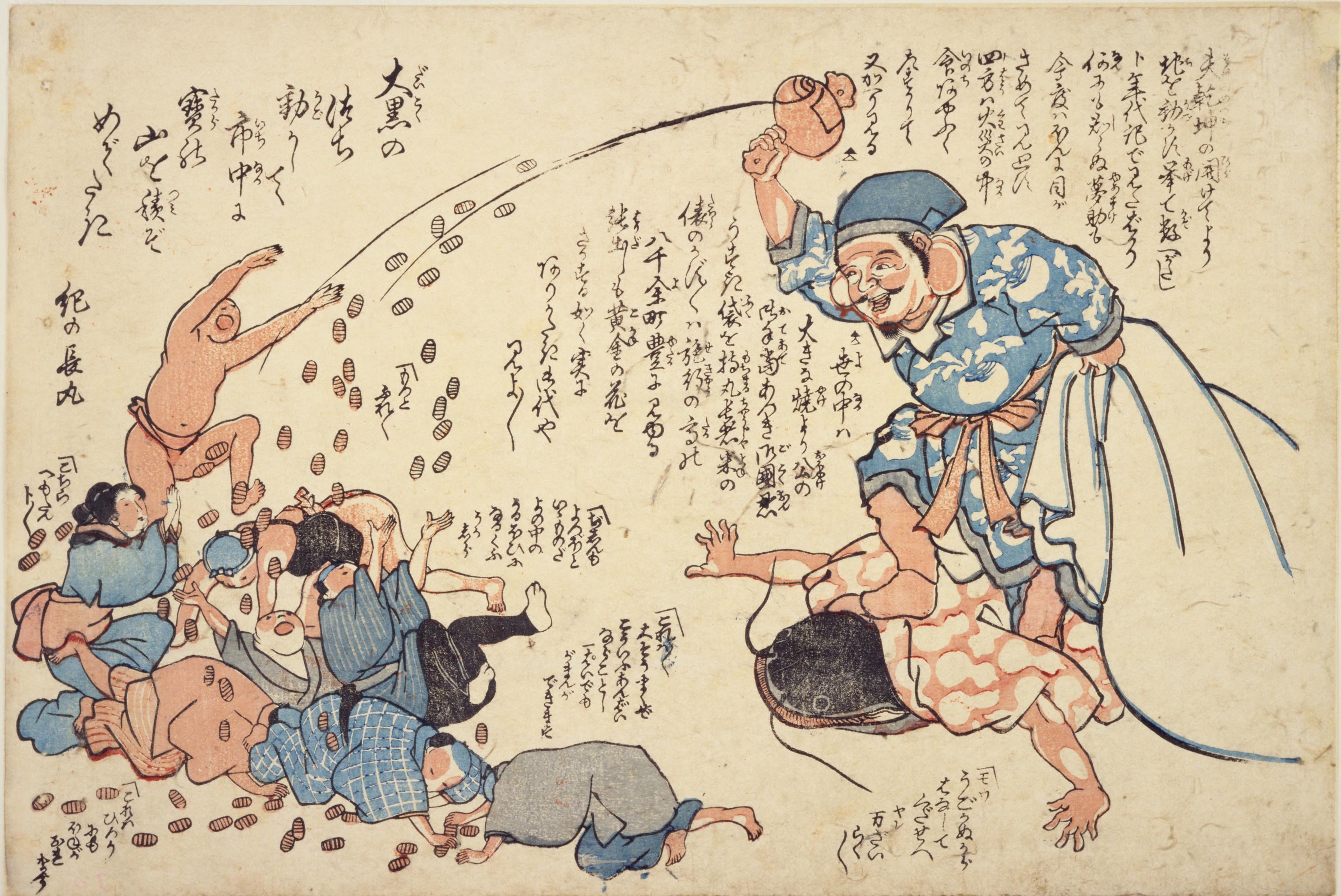 A Japanese woodblock print depicting a chaotic scene of people scrambling for money.
