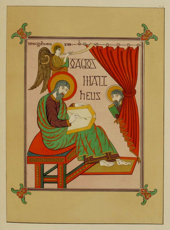 A medieval manuscript illustration of a scribe writing in a book, with an angel observing and ornate lettering above.