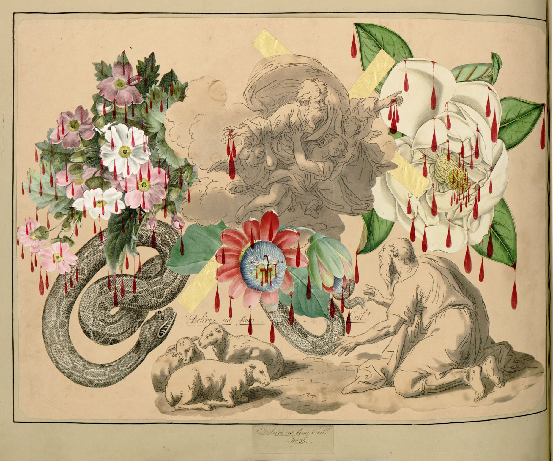 A vintage illustration featuring flowers, snakes, and distressed human figures, with a faded central image of a group of people.