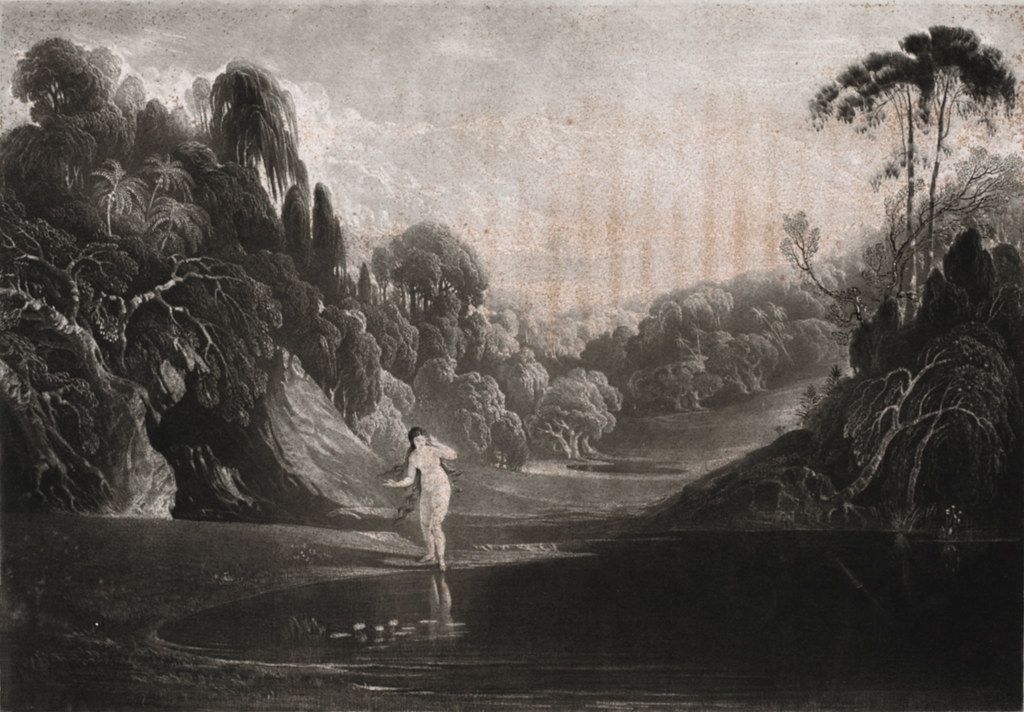 Black and white engraving of a nude woman standing in a lake surrounded by trees.