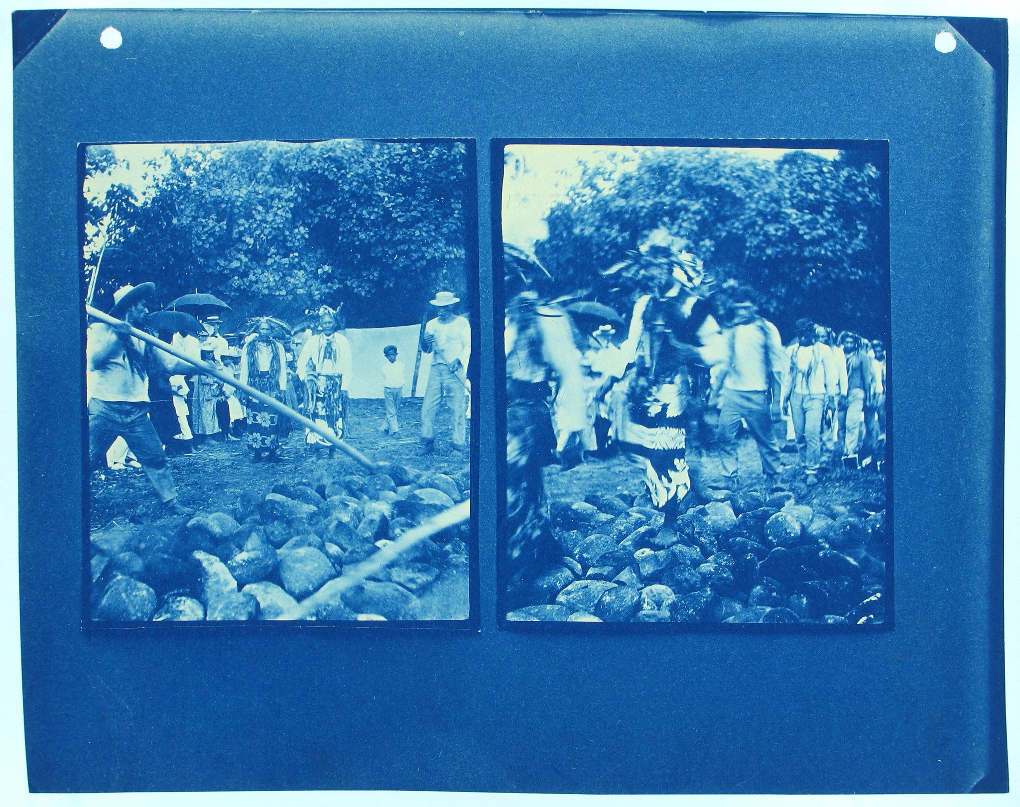 A diptych of cyanotype photographs showing a group of people gathered around a pile of rocks or debris outdoors.