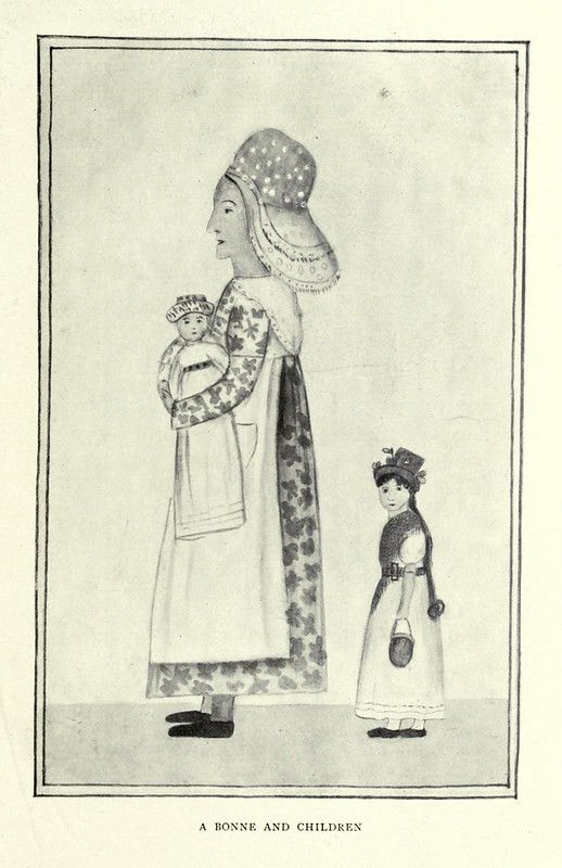 A vintage black and white illustration of a 'Bonne' and two children in early 19th-century fashion.