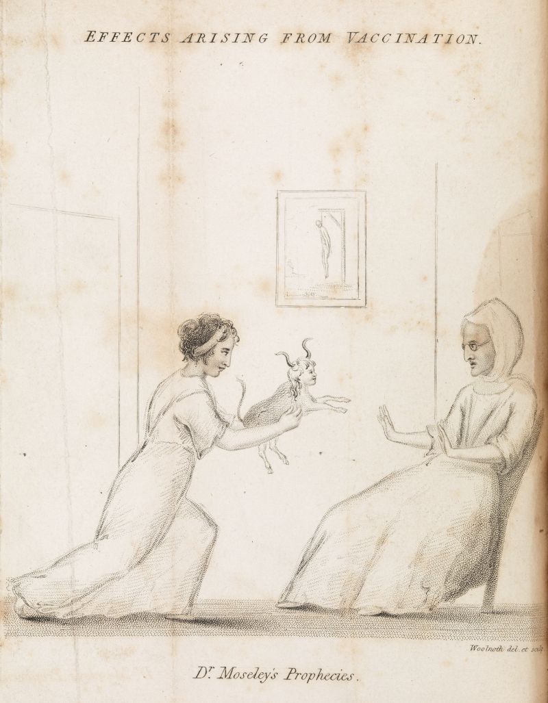 A black and white engraving titled 'Effects Arising From Vaccination' and 'Dr. Moseley's Prophecies'. It depicts a woman being startled by a dog, while an older woman observes calmly.